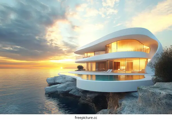 Modern Seaside Luxury Mansion at Sunset
