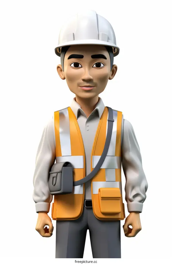 3D Rendering of an Asian Construction Worker in Hard Hat and Reflective Vest