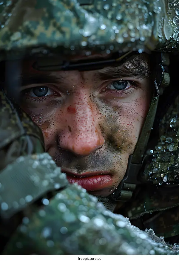 Portrait of a young soldier with blue eyes and a camouflage helmet.