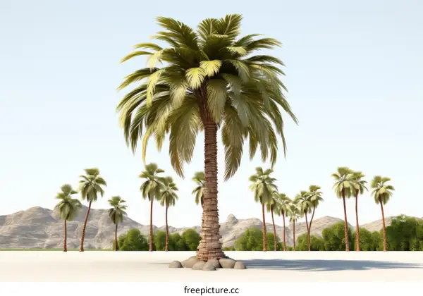 A tall palm tree in the middle of a desert with mountains in the background