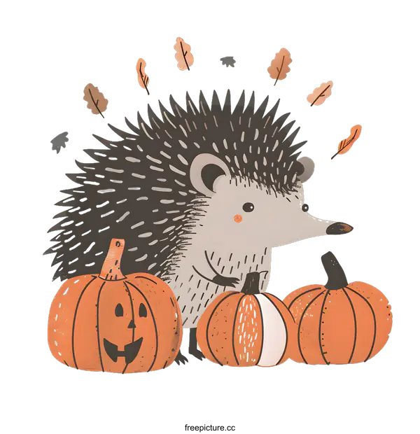 [Transparent Background PNG]Cute Hedgehog With Pumpkins And Autumn Leaves Illustration