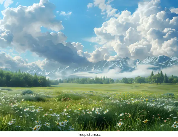 White daisies bloom at the foot of the mountain