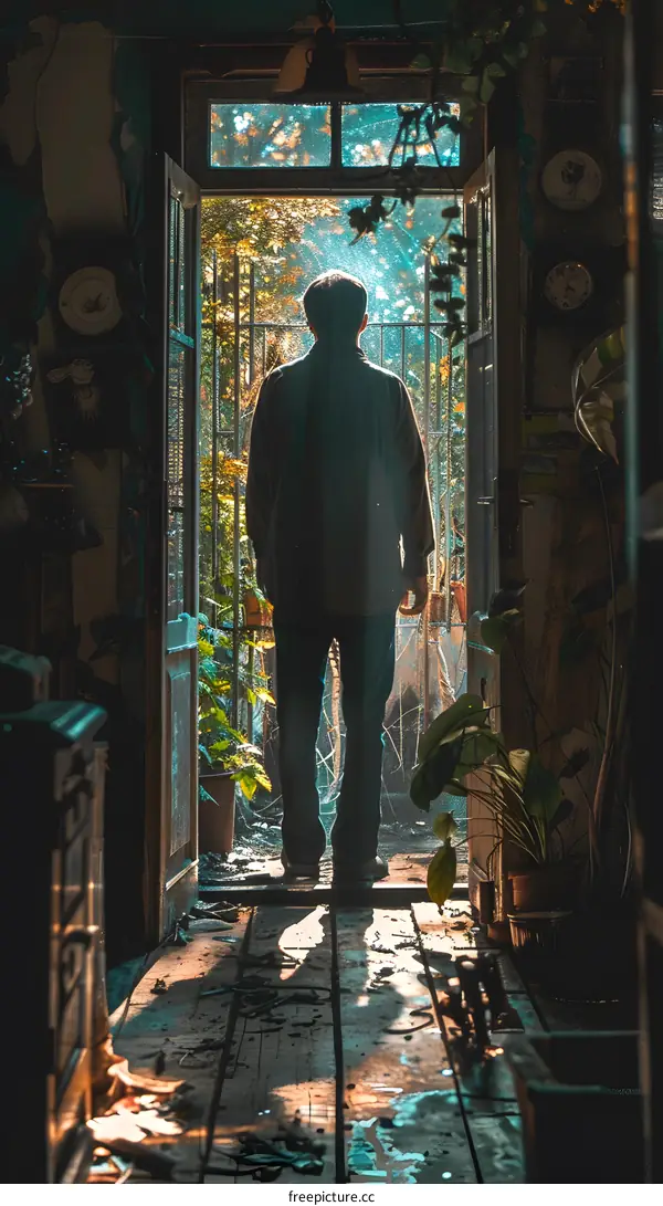 Man standing in a doorway looking out at a garden