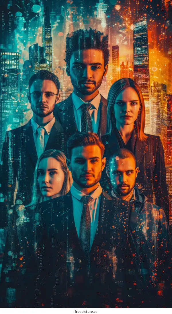 Group of diverse business professionals in suits standing in front of a futuristic city.