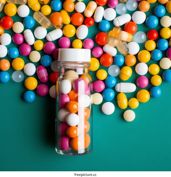 Colorful pills and tablets spilling out of a prescription bottle