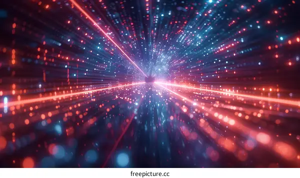 Abstract technology background with glowing light particles and laser beams