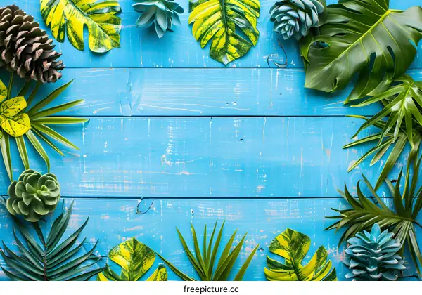 Tropical Leaves on Blue Wooden Background