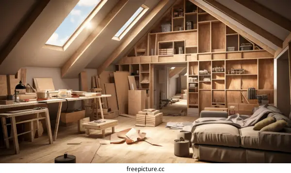 A large attic space with wooden shelves and a skylight