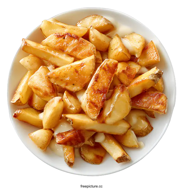 [Transparent Background PNG]A plate of poutine, a Canadian dish of french fries, cheese curds, and gravy.