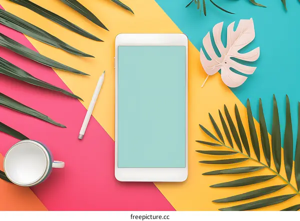 White Smartphone with Tropical Leaf Decorations on Colorful Background
