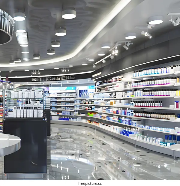 Modern Pharmacy Interior Design with Shelves Full of Products