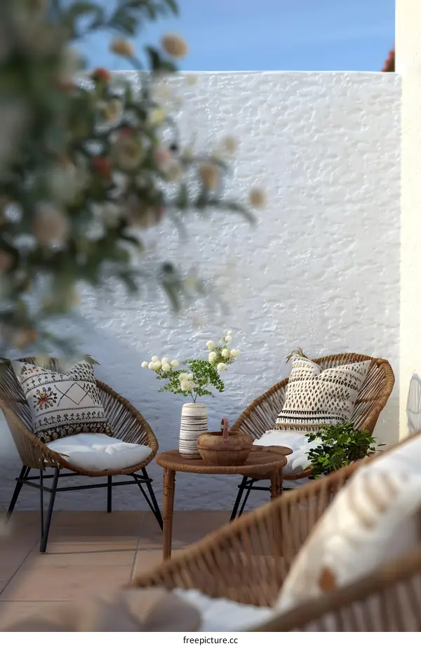Bohemian Style Patio With White Wall And Flowers