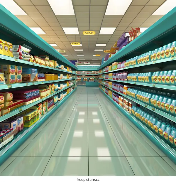 Empty Grocery Store Aisle with Shelves of Products