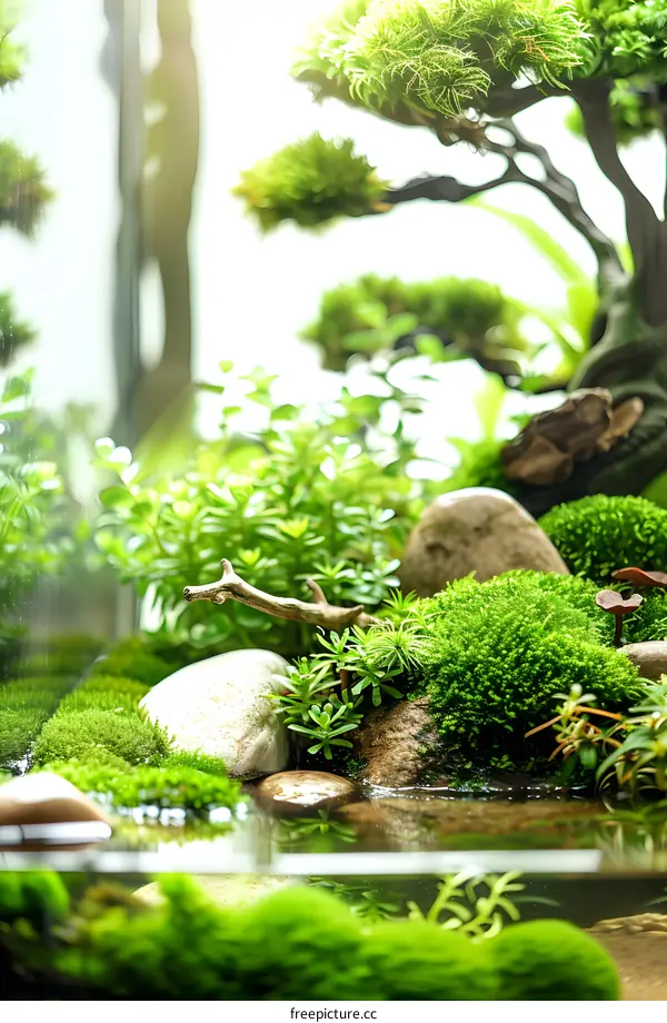 Green Moss Terrarium With Small Tree And Rocks