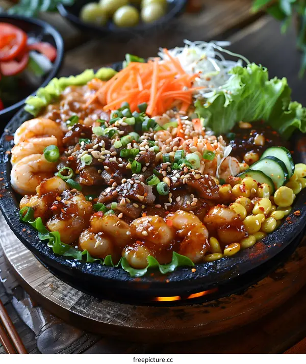 Delicious Asian Food with Shrimp, Meat, and Vegetables