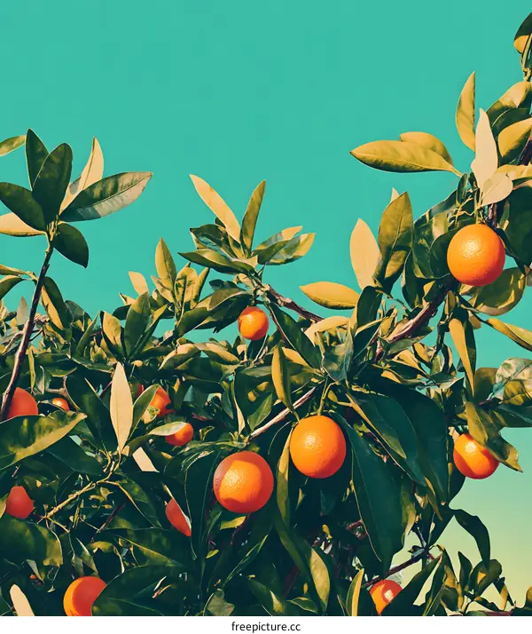 Orange Tree Branch with Blue Sky Background