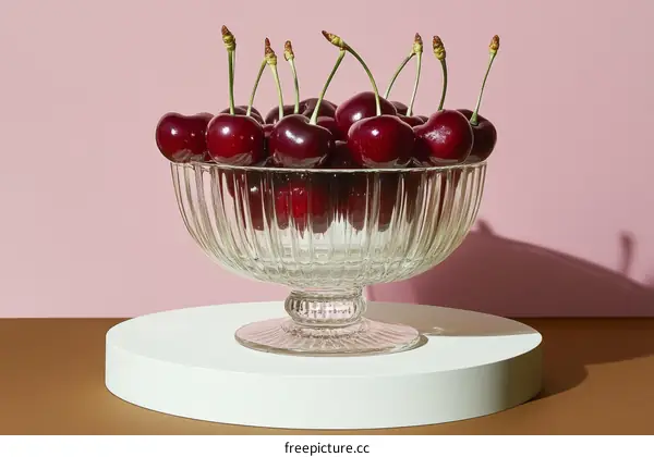 Fresh Cherries in a Glass Bowl on a White Display Stand
