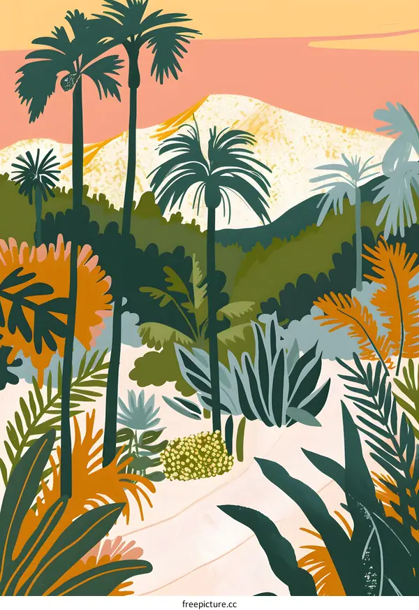 Tropical Landscape Illustration with Palm Trees and Mountains
