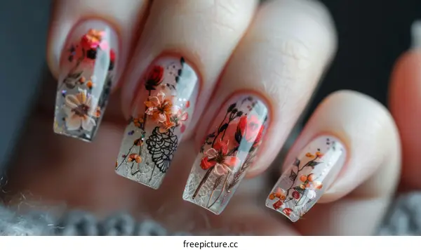 Close-up of a hand with a floral nail art design