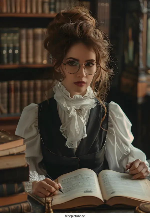 portrait of a beautiful young woman in a vintage dress reading a book in a library