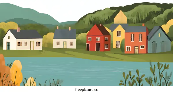 Illustrated Colorful Houses on the Lakeside