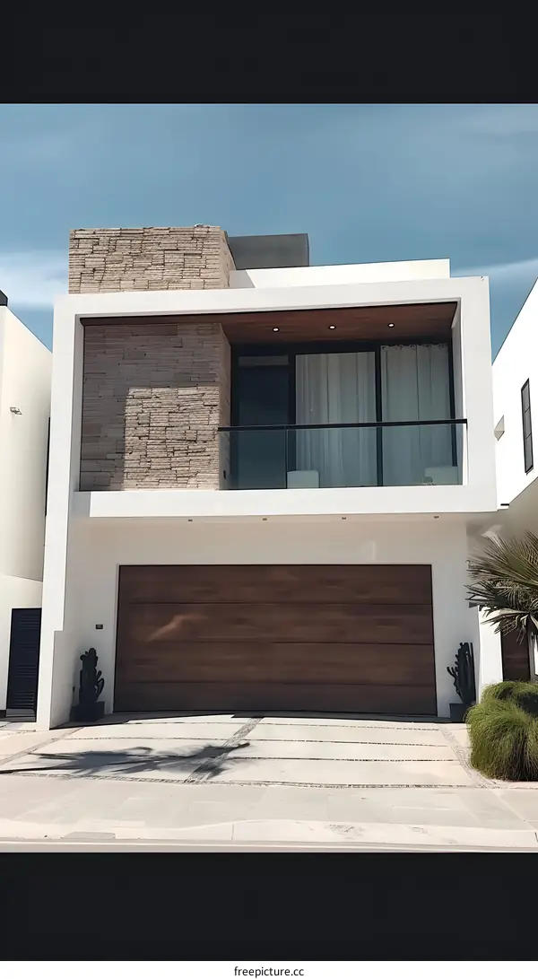 Modern House with Stone Facade and Garage Door