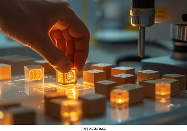 Hand picking up a glowing wooden block from a table