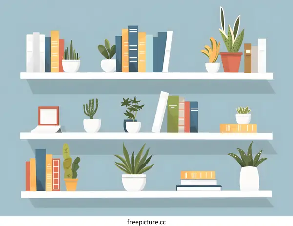 Simple Illustration of Bookshelves with Plants