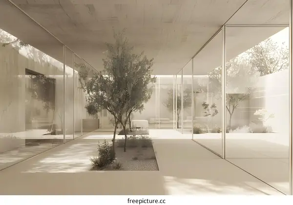 Modern Minimalist Glass House Interior Design with Concrete Walls and Greenery