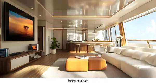 Modern Yacht Interior with  Sea View  and  Luxury Furniture