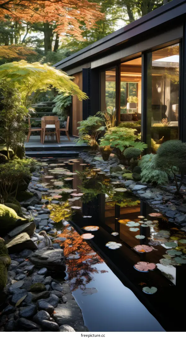 A tranquil garden with a pond and a house in the background