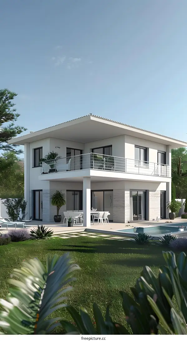 Modern Two Story White House with Swimming Pool in Backyard