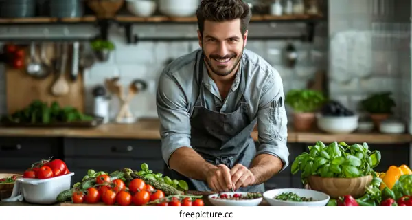 Confident male chef preparing ingredients for a delicious meal in the kitchen