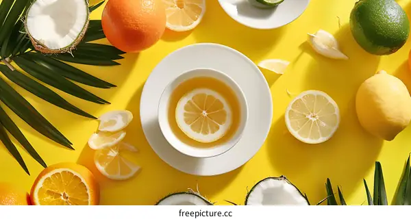 Fresh Lemon Drink With Coconut And Palm Leaves On Yellow Background