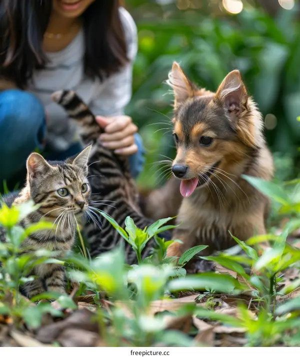 A woman is petting a cat and a dog