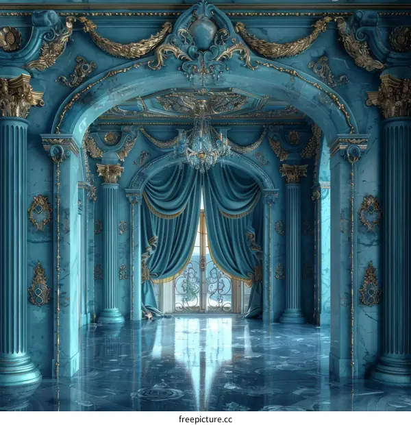 Opulent Blue and Gold Ballroom with Marble Tiled Floor