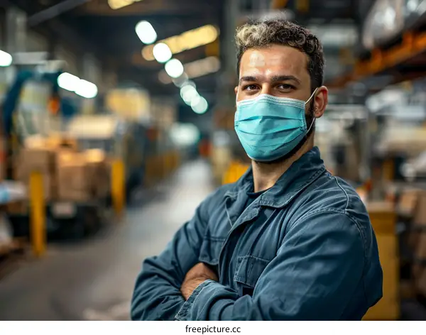 Portrait of a male factory worker wearing a surgical mask
