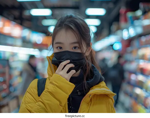 Asian woman wearing a mask in a supermarket