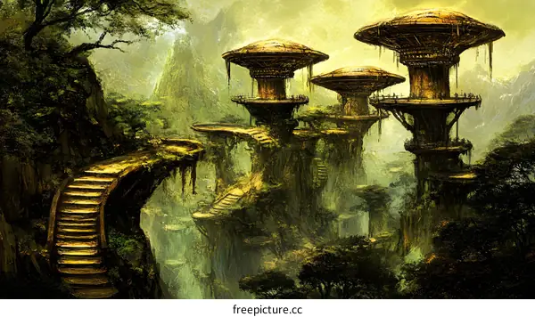 Fantasy Forest Landscape with Floating Platforms and Golden Stairs