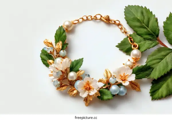 Floral Gold Bracelet with Pearls and Beads