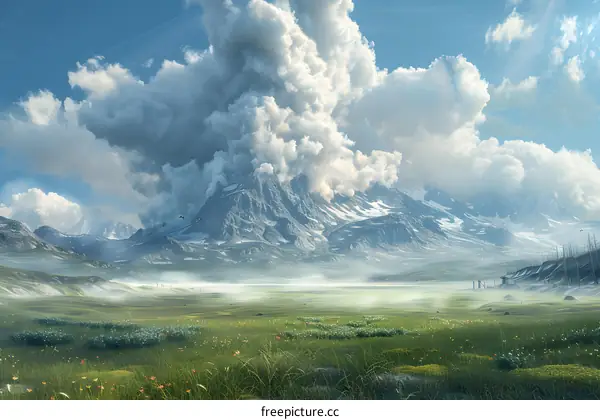 Fantasy landscape with a large mountain in the distance and a field of grass and flowers in the foreground