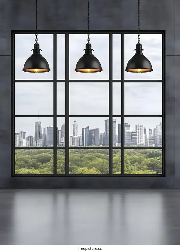 Industrial Style Interior Design with Large Window Overlooking City Skyline