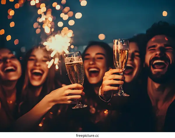 Friends Celebrating New Years Eve with Champagne and Sparklers