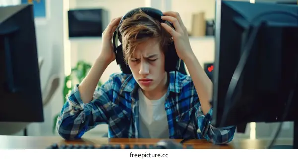 Frustrated teenage gamer holding his head in front of the computer