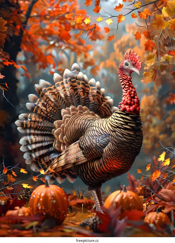 A majestic turkey stands in a field of pumpkins and fall leaves.