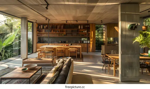 Modern Minimalist Open Concept Kitchen and Living Room Interior Design with Concrete Columns and Large Windows