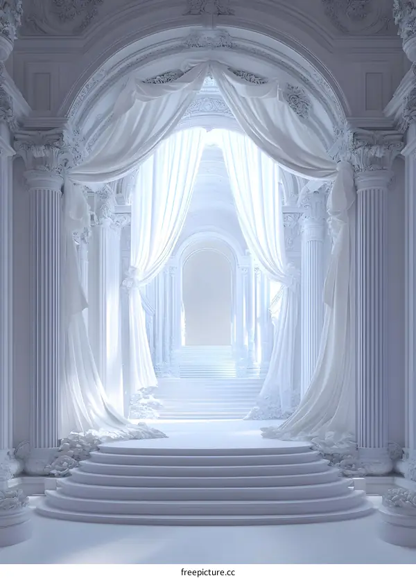 White Marble Hallway with Columns and Curtains