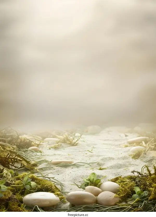 Sea Shells on Sandy Beach with Foggy Background