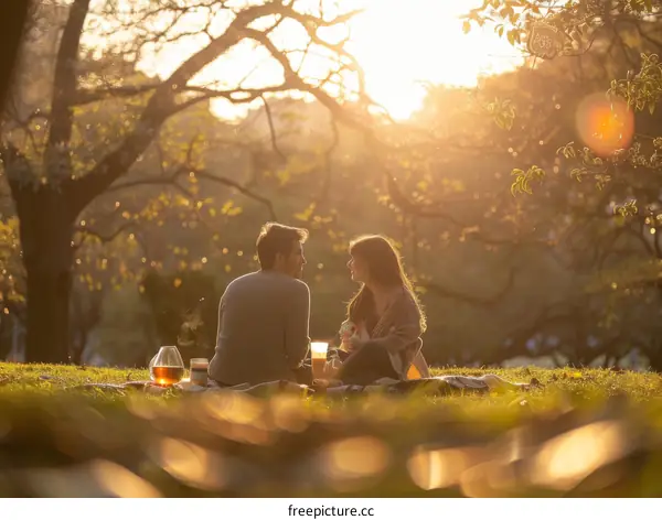 A Young Couple Sitting on a Blanket in the Park at Sunset