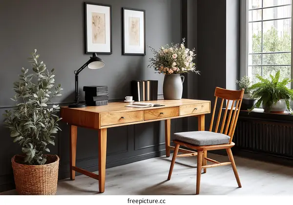 Modern Wooden Desk with Chair in Dark Room